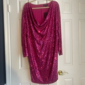 ELOQUII Mini Cowl Sequin Dress in Festival Fuchsia